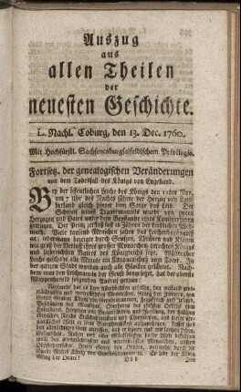 L. Nachl. Coburg, den 13. Dec. 1760.
