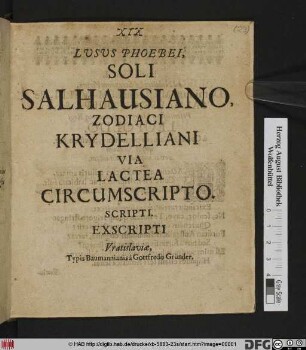 Lusus Phoebei, Soli Salhausiano Zodiaci Krydelliani Via Lactea Circumscripto. Scripti. Excripti