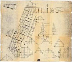 Siedlung Haeselerstraße, Berlin-Charlottenburg: Block 12, Haeselerstraße 24-28/Soorstraße 77-79: Grundriss DG, Schnitt 1:100, Detials 1:50