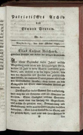 Nr. 1. Magdeburg, den 8ten Oktober 1791
