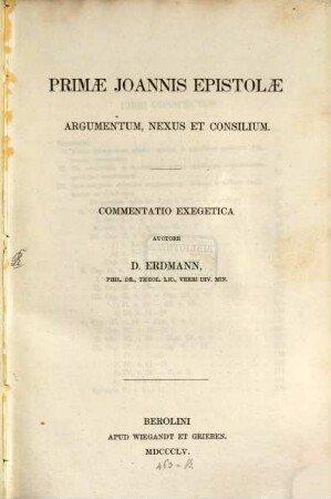 Primal Joannis epistolae : argumentum, nexus et consilium