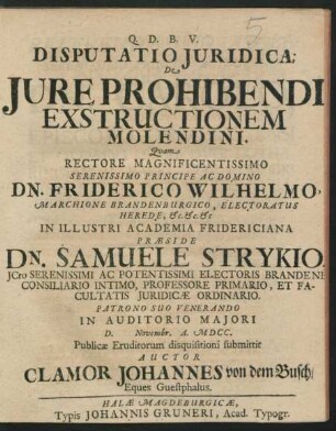 Disputatio Iuridica; De Iure Prohibendi Exstructionem Molendini