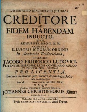 Dissertatio Inauguralis Juridica, De Creditore Ad Fidem Habendam Inducto