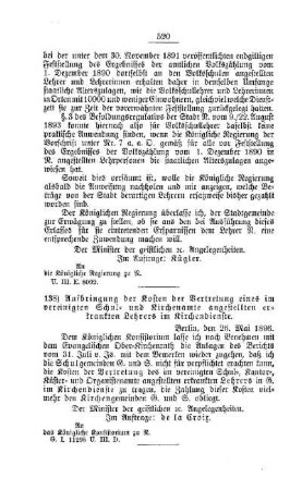Aufbringung der Kosten der Vertretung eines im vereinigten Schul- und Kirchenamte angestellten erkrankten Lehrers im Kirchendienste : [G. Oeffentliches Volksschulwesen]