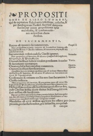 Propositiones Ex Libro Lutheri, qui de capitivitate Babylonica inscribitur ...