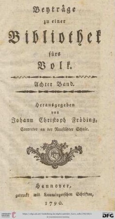 Beyträge zu einer Bibliothek fürs Volk. Achter Band