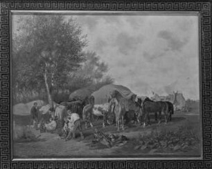 Im Biwak ruhen Soldaten vor Zelten und Pferdefuhrwerken