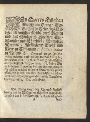 Von Gottes Gnaden Wir Frantz Georg/ Ertz-Bischoff zu Trier ...