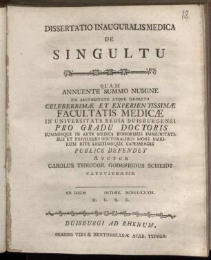Dissertatio Inauguralis Medica De Singultu