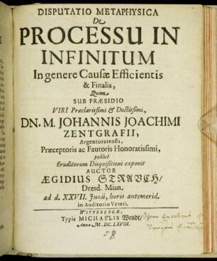 Disputatio Metaphysica De Processu In Infinitum In genere Causae Efficientis & Finalis
