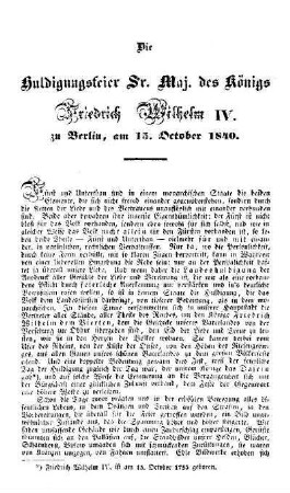 Die Huldigungsfeier Sr. Maj. Königs Friedrich Wilhelm IV. zu Berlin, am 15. October 1840
