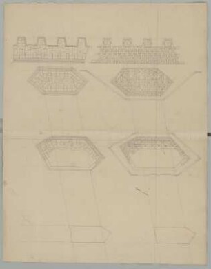 Minden, Weserbrücke, Brückenpfeiler, Grundrisse : Minden, Weserbrücke, Brückenpfeiler, Konstruktionszeichnungen, Grundrisse, Jean de Bodt, 1706/1711. Feder, Graphit/Papier. 51,7 x 65,1 cm. Vgl. Mscr.Dresd.B.129 "M: S: SUR LE PONT DE MÜNDEN"