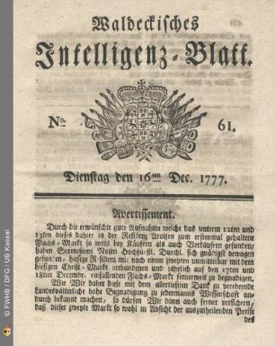 No. 61. Dienstag den 16ten Dec. 1777