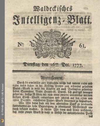 No. 61. Dienstag den 16ten Dec. 1777