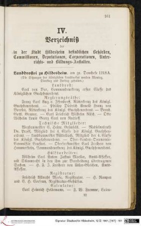 IV. Verzeichniß der in der Stadt Hildesheim befindlichen Behörden, Commissionen, Deputationen, Corporationen, Unterrichts- und Bildungs-Anstalten.