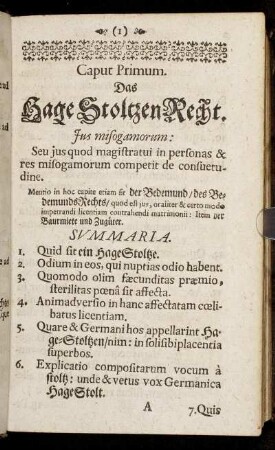 Caput Primum. Das Hage Stolzen-Recht.