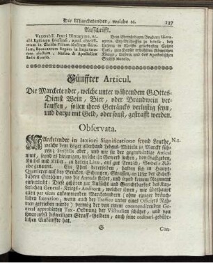 Fünffter Articul. Ein Marcketender, welche unter währendem Gottes Dienst Wein, Bier oder Brandwein verkauffen ...