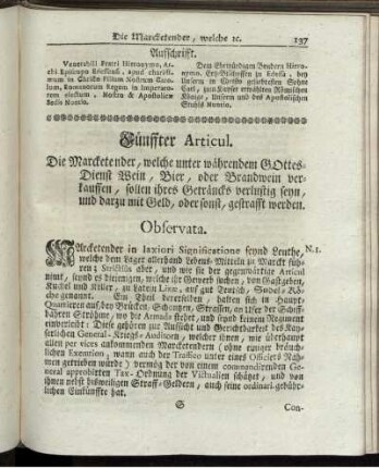 Fünffter Articul. Ein Marcketender, welche unter währendem Gottes Dienst Wein, Bier oder Brandwein verkauffen ...