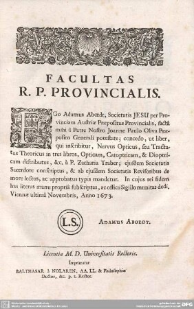 Facultas R.P. Provincialis.
