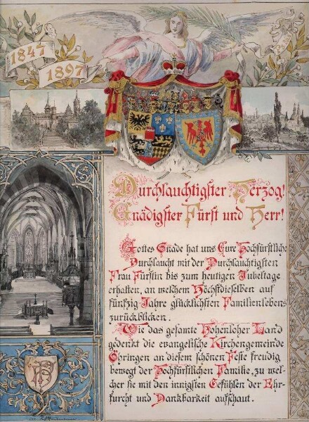 Glückwunschadresse zur Goldenen Hochzeit des Fürsten Hugo zu Hohenlohe-Oehringen, Herzog von Ujest, und seiner Gemahlin Pauline, geb. Fürstenberg, vom evangelischen Kirchengemeinderat Öhringen.