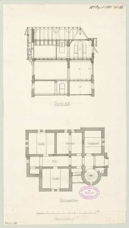 Ländliches Wohnhaus, Berlin-Lichterfelde Monatskonkurrenz April 1881: Grundriss Keller, Querschnitt; Maßstabsleiste