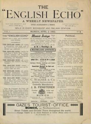The English echo : a weekly newspaper. 1892 = Jg. 1