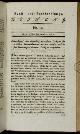 Kunst- und Buchhandlungs-Zeitung. No. 10. Den 29ten November 1790.