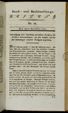 Kunst- und Buchhandlungs-Zeitung. No. 10. Den 29ten November 1790.
