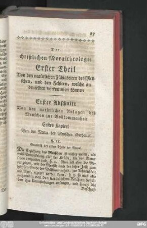 Erster Abschnitt Von den natürlichen Anlagen des Menschen zur Vollkommenheit