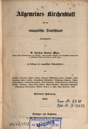 Allgemeines Kirchenblatt für das evangelische Deutschland : Amtsblatt des Deutschen Evangelischen Kirchenbundes. 7. 1858