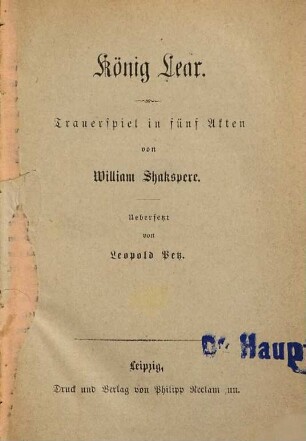 König Lear : Trauerspiel in fünf Akten