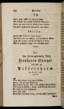 An den Herrn geheimden Rath Freyherrn Spiegel von und zu Pikkelsheim.