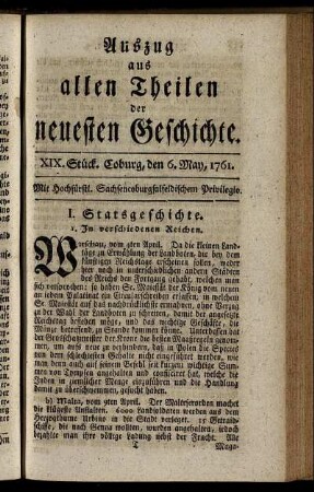 XIX. Stück. Coburg, den 6. May, 1761.