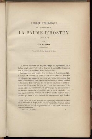 Aperçu Géologique Sur Les Environs De La Baume D'Hostun (Drome)