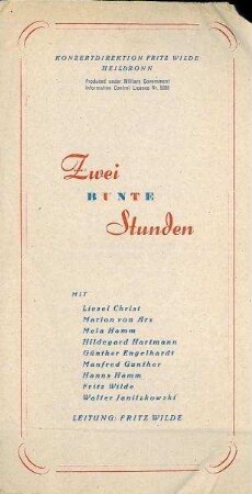 Programmblatt für den Unterhaltungsabend "Zwei bunte Stunden" u.a. mit Liesel Christ