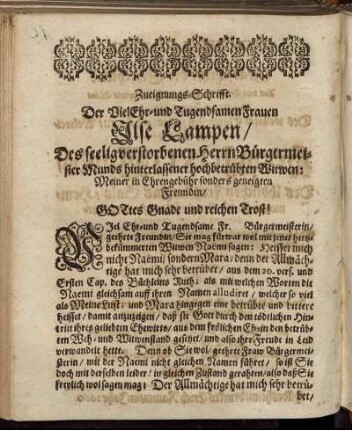 Zueigungs-Schrifft. Der Viel Ehr- und Tugendsamen Frauen Ilse Lampen/ [...]