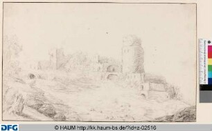 Trümmer eines großen Gebäudes mit Rundturm