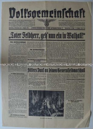 Titelseite der Tageszeitung "Volksgemeinschaft" mit Leitartikel zur Trauerfeier zum Tod Paul von Hindenburgs