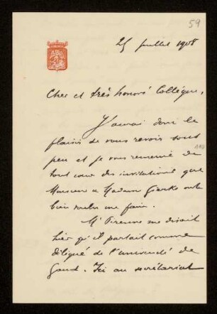59: Brief von Guillaume Des Marez an Otto von Gierke, 25.7.1908