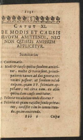 Caput XI. De Modis et Causis Feudam Amittendi, Neo Non Quibus Amissum Applicetur.