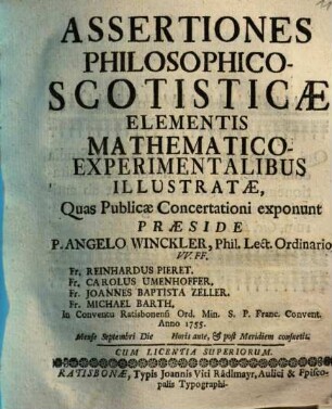 Assertiones philosophico-scotisticae elementis mathematico-experimentalibus illustratae
