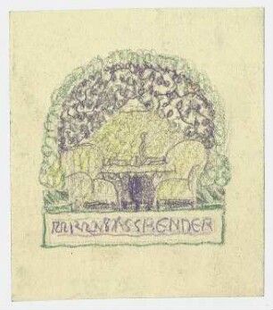 Exlibrisstudie Richard Fasbender : Blumenrankengitter, davor zwei Sessel und eine Tischlampe, unter der Darstellung Namenszug