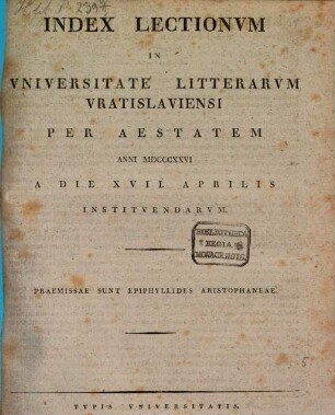 Index lectionvm in Vniversitate Litterarvm Vratislaviensi per ... anni ... habendarvm. 1826, 1826. Sommer
