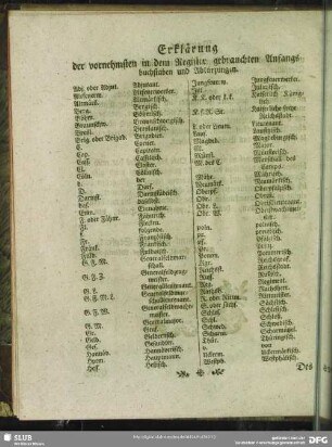 Erklärung der vornehmsten in dem Register gebrauchten Anfangsbuchstaben und Abkürzungen