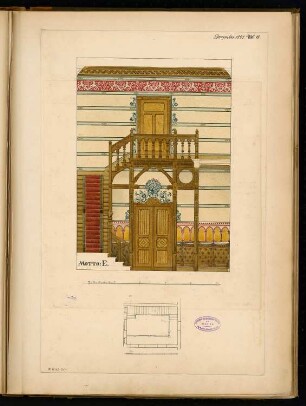 Treppenhaus Monatskonkurrenz Dezember 1891: Grundriss Erdgeschoss, Aufriss Innenwand der Diele; 2 Maßstabsleisten