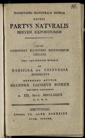 Dissertatio Inauguralis Medica Sistens Partus Naturalis Brevem Expositionem