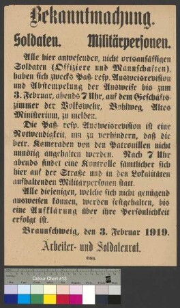 Anordnung des Arbeiter- und Soldatenrates Braunschweig zur Paß- und Ausweisrevision für Soldaten und Militärangehörige