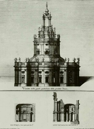 Katholische Hofkirche, Entwurf, Westseite (Chorseite und zwei Schnitte durch die Kapellen)