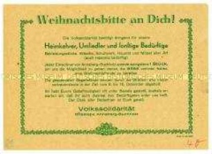 Aufruf der Volkssolidarität zu einer Wäsche- und Möbelspende zu Weinachten für Heimkehrer und Umsiedler in Annaberg-Buchholz