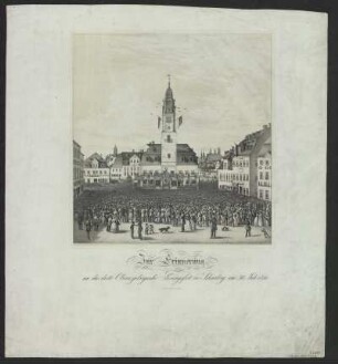 Ansicht vom dritten Obererzgebirgische Gesangsfest in Schneeberg, Lithographie, nach 1846 : Zur Erinnerung an das dritte Obererzgebirgische Gesangsfest in Schneeberg am 30. Juli 1846. - Meissen : Goedsche & Steinmetz , [nach 1846]. - 1 Ansicht auf 1 Kunstbl. : Lithogr. ; 28 x 29 cm